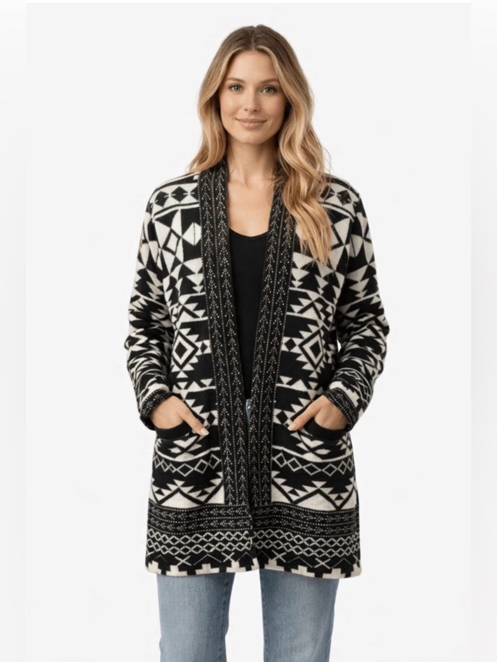 Frye NWT Womens Large Black Ivory Aztec Open Front Cardigan Sweater Pockets